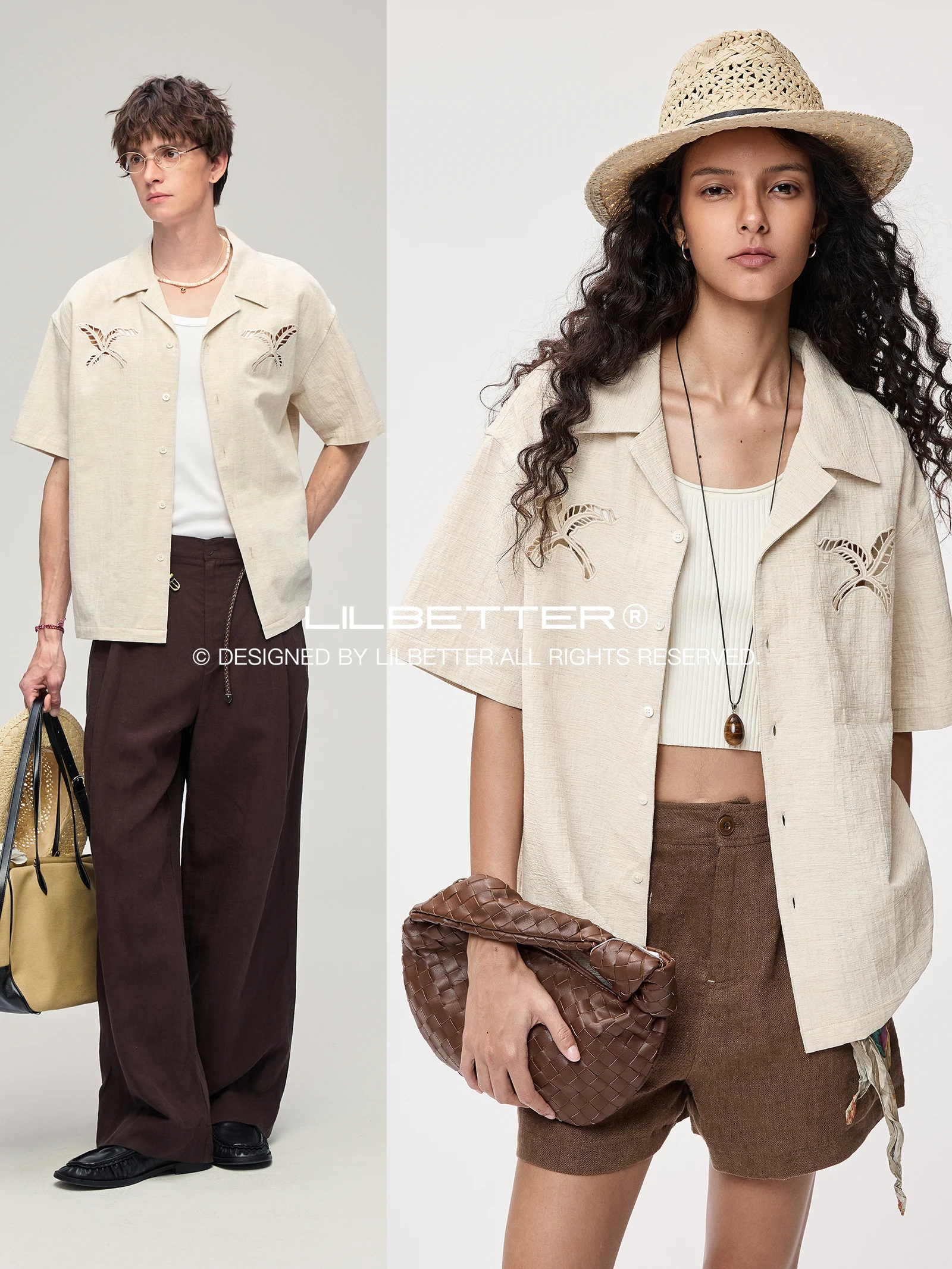 Lilbetter Cotton Linen Texture Hollow Embroidery Short Sleeve Shirt Cuban Collar Open Cardigan Shirt Loose Fit Fashion Urban ...