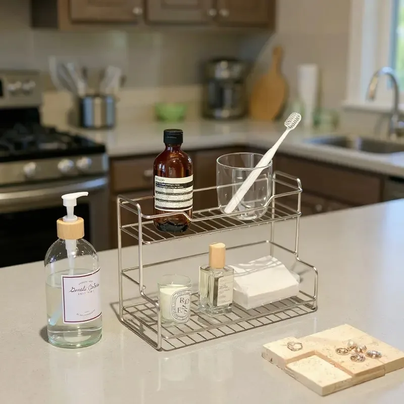 منظم المطبخ والحمام من الفولاذ المقاوم للصدأ بطبقتين، رف تخزين خالٍ من اللكمات لمستحضرات التجميل ومستحضرات التجميل - منظم الرف