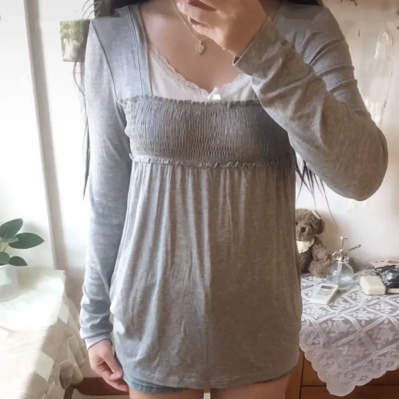 Coquette Kawaii Lace Blouse Women Plus Size Square Neck Ruffle Long Sleeve T-Shirts Slim Cute Dailywear Japanese Fashion Clothes