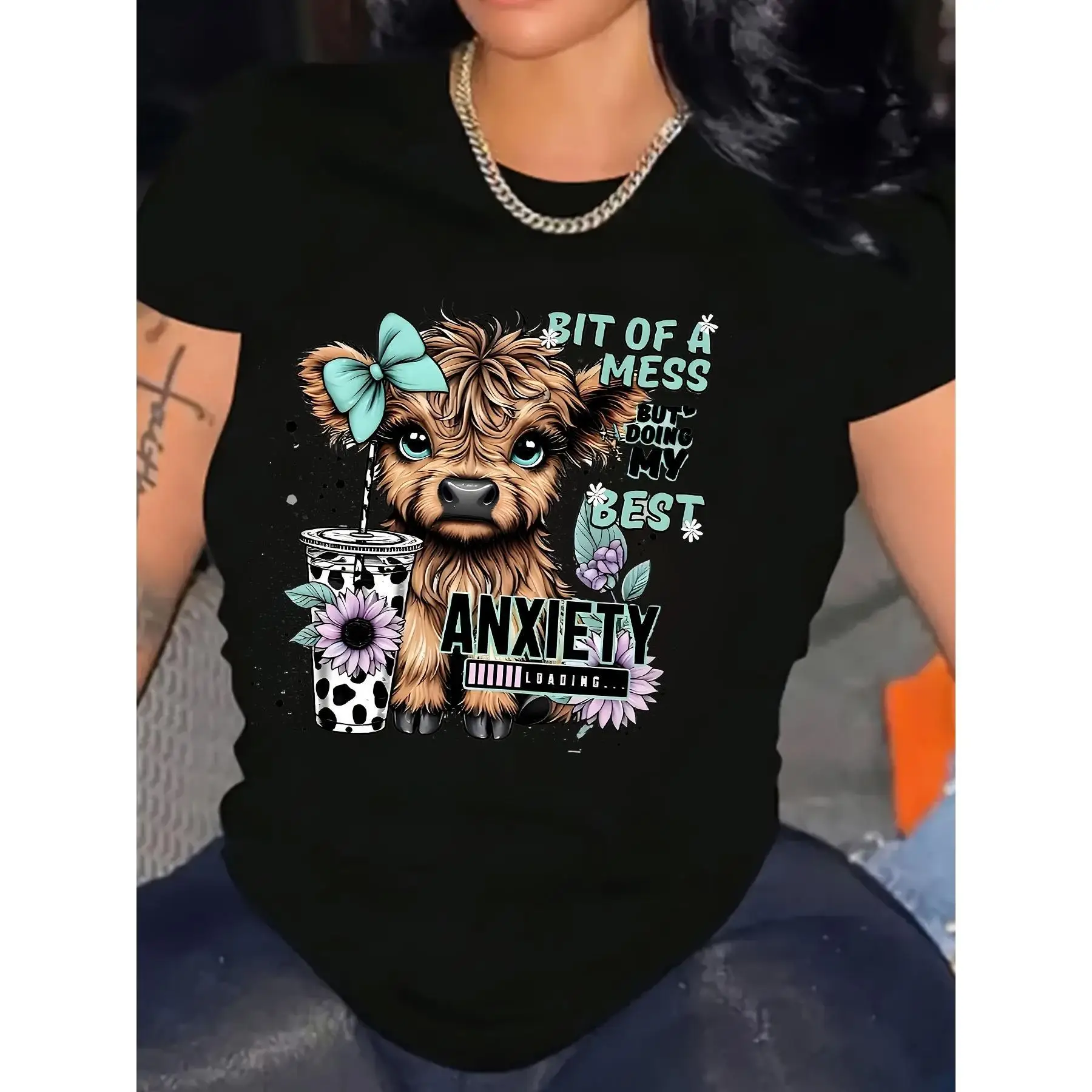

Unisex Cute Highland Cow T-shirt Women Men Anxiety Slogan Graphic Tee Humorous Mental Health Gift Top