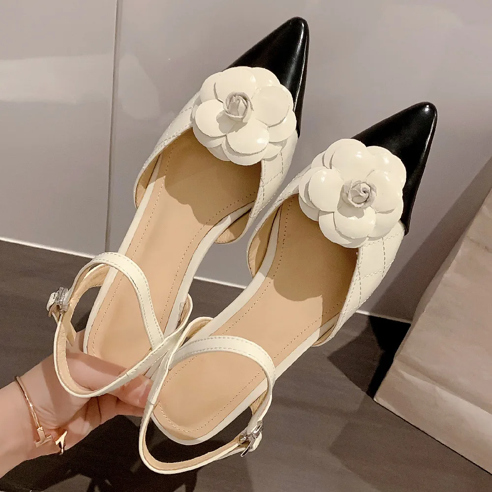 Women\'s genuine leather mix color patchwork pointed toe flats sandals flower decoration korean style casual summer shoes women