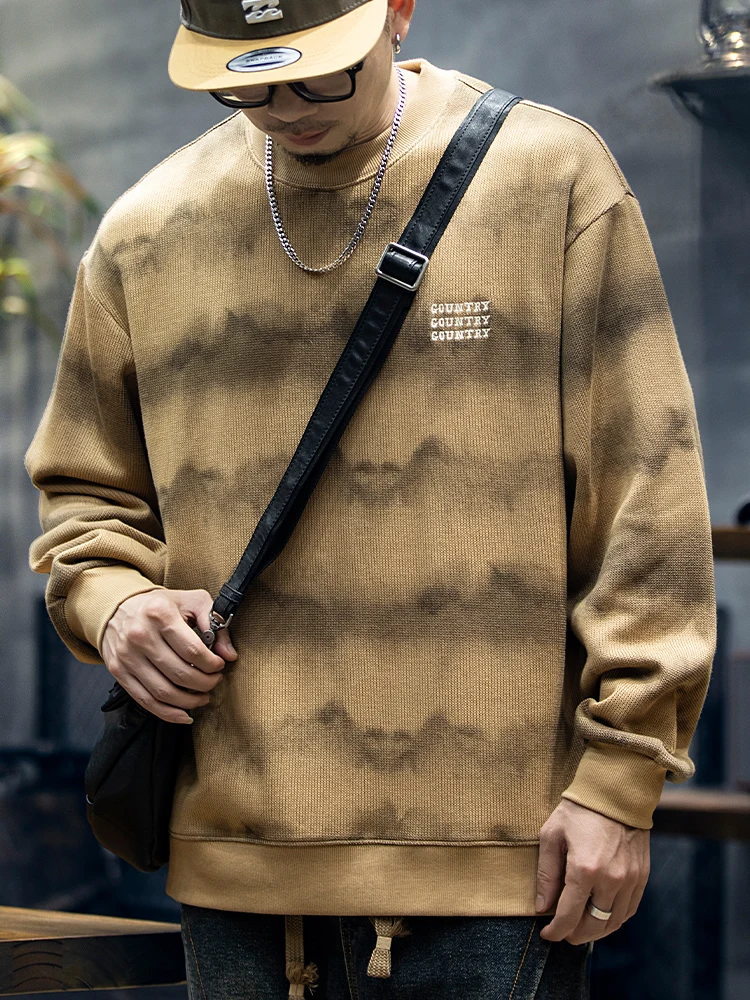 American Retro Wave Pattern Men's Sweatshirt Loose Long Sleeve round Neck Embroidered Casual Fashion Urban Style Autumn Top