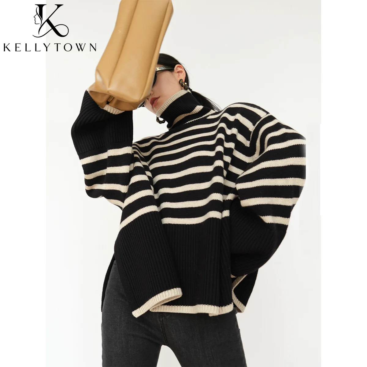 Casual Striped Turtleneck Sweater Women Knitted Pullover Streetwear Fashion Long Sleeve Side Split Long Sleeve Top Autumn Winter