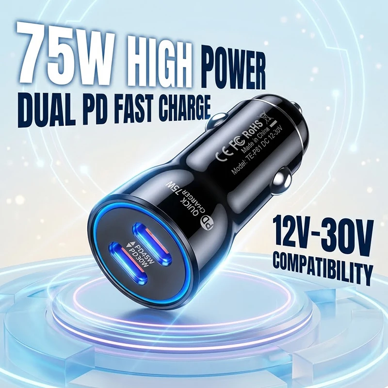 75W Dual Type C Car Charger Fast Charging Adapter PD 45W 30W Port With LED Ring Fits 12V 24V Auto Vehicles And Trucks For iPhone