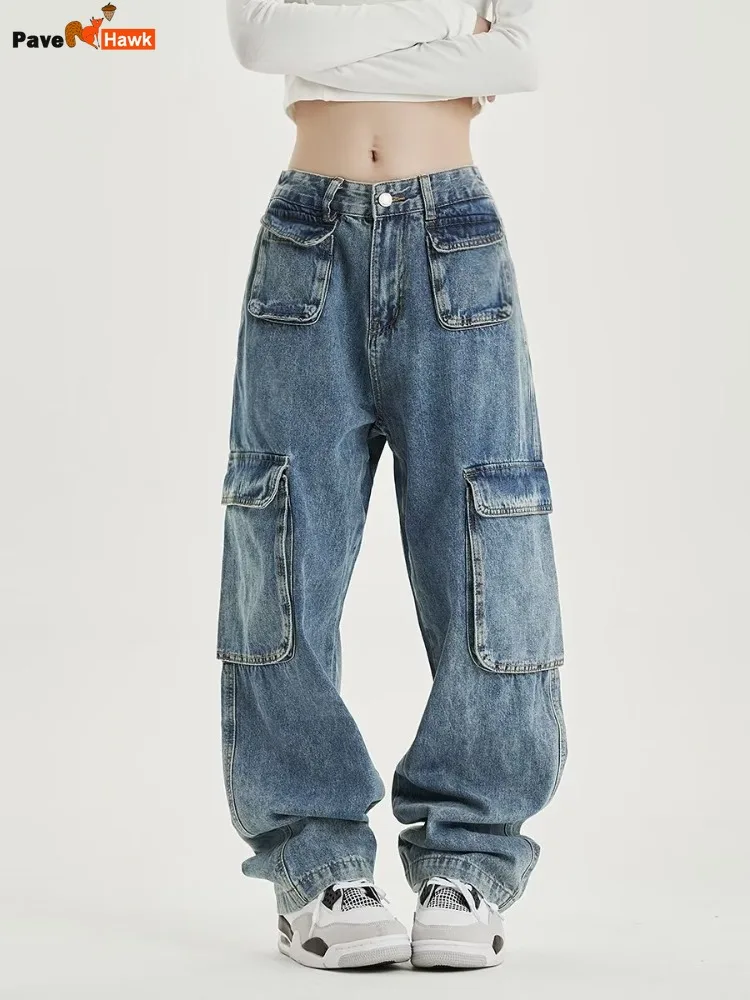 

Vintage Multi Pocket Jeans Men Women Distressed Straight Wide Leg Pants American Style Straight Baggy Korean Trousers Spring New