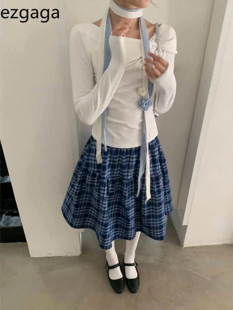 

Ezgaga Plaid Skirts Women Vintage Fashion French Style Sweet Elegant Stretch High Waist Cake Skirt Female Casual Preppy Style