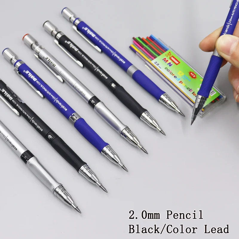 2.0 Mechanical Pencils Non-Slip For Paint Write Black Color 2mm Mine 2B Leads Art Pen Replaceable Refill Student School