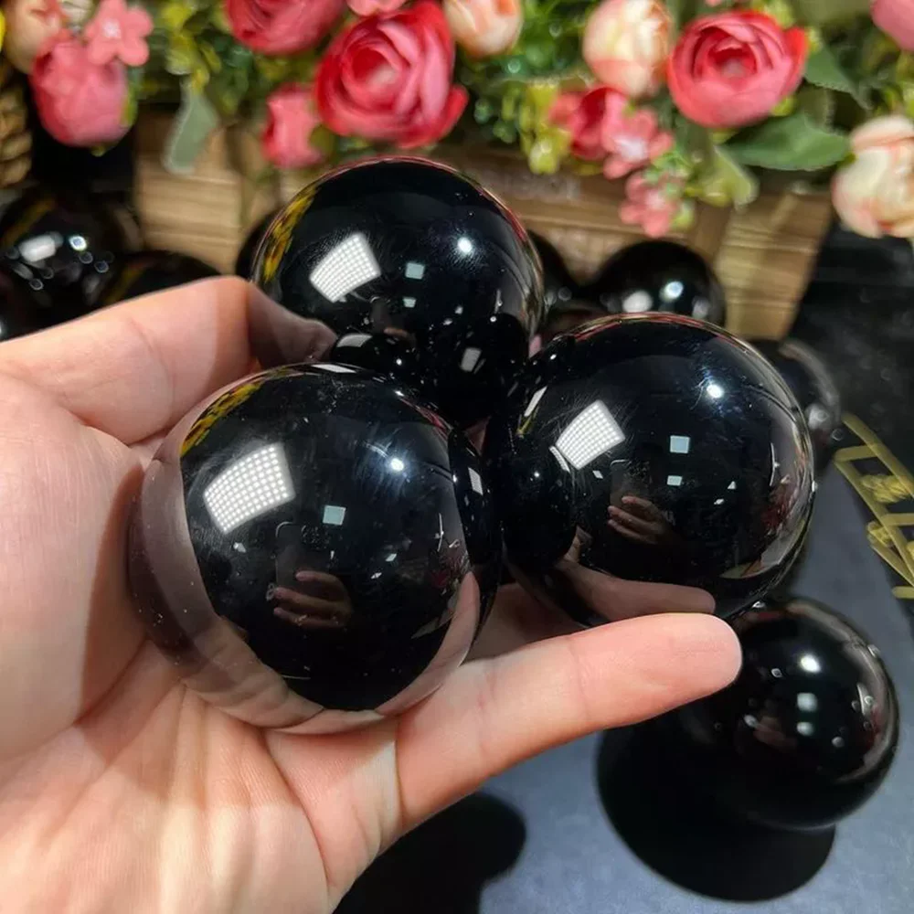 Natural Black Obsidian Quartz Crystal Orb Sphere Healing Stone Ball + Base