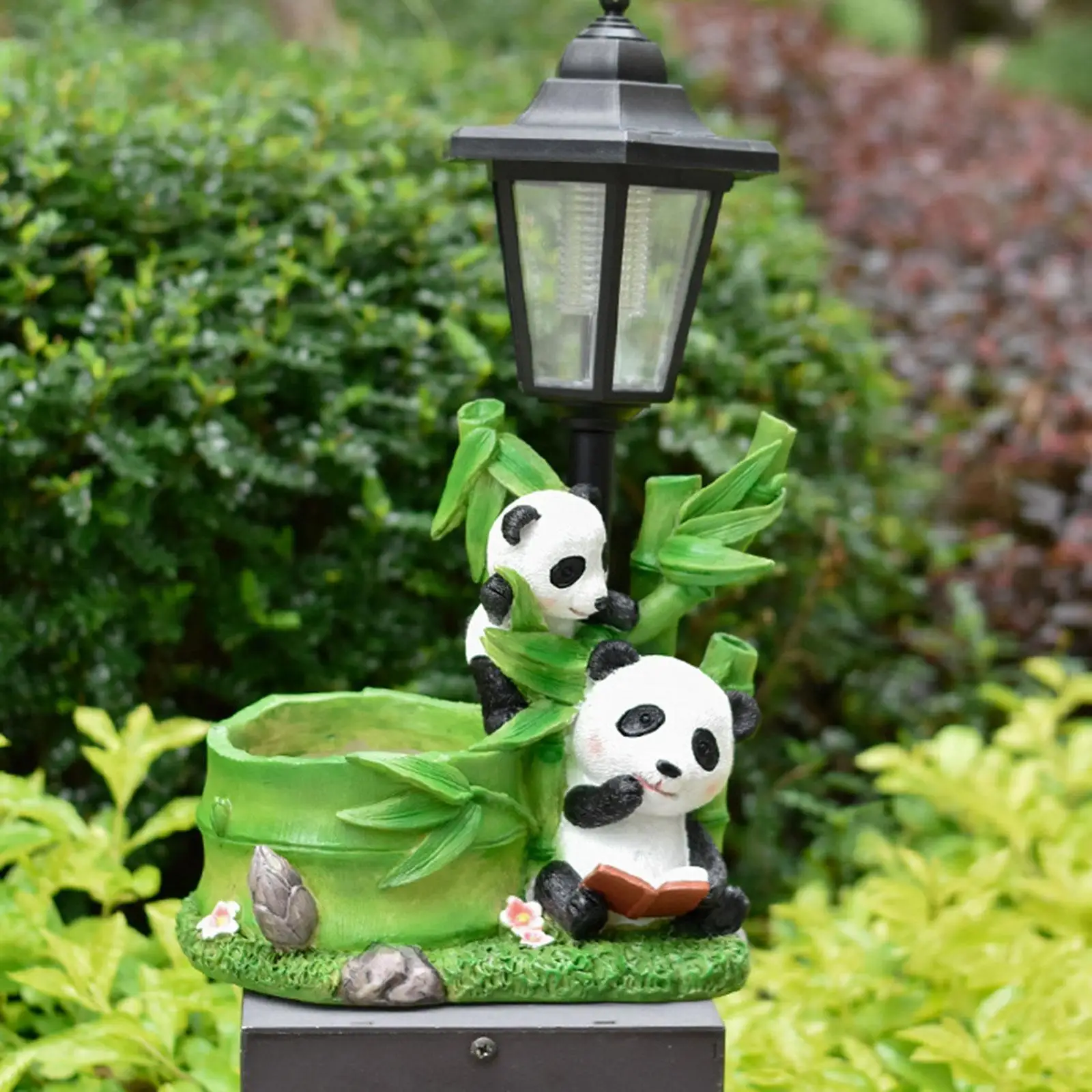 Panda Figurine with Solar Powered Light Weatherproof 7.3x5x12.6inch Lovely Multipurpose for Flower Bed Decor Outdoor Decoration