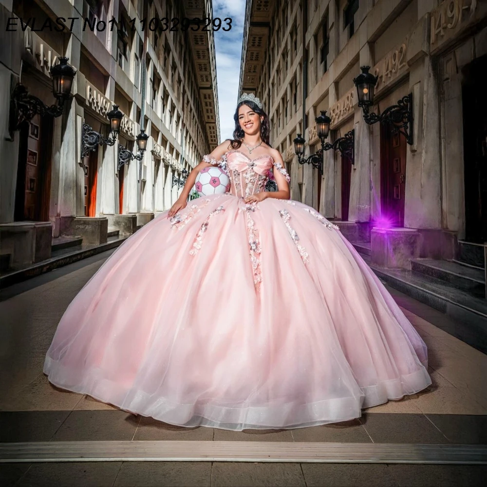 EVLAST personalizado vestido De quinceañera rosa mexicano vestido De baile 3D apliques florales rebordear dulce 16 Vestidos De 15 Anos E1QN551