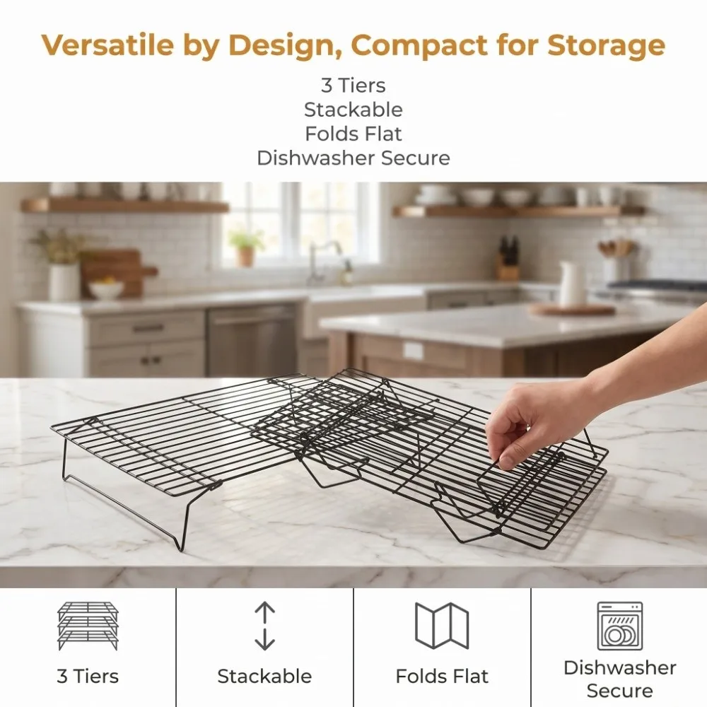 Professional Carbon Steel Cooling Rack Nonstick Multi-Tier Grill Tray Handle Stackable Baking Rack Biscuit Cake Cookie Pizza