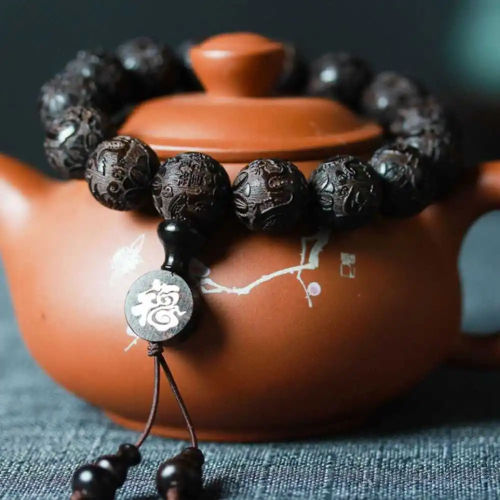 15MM Ebony Carved dragons phoenixes Cuff Mala  Lucky Bracelet Women Yoga Calming Men's Inspiration Handmade Prayer