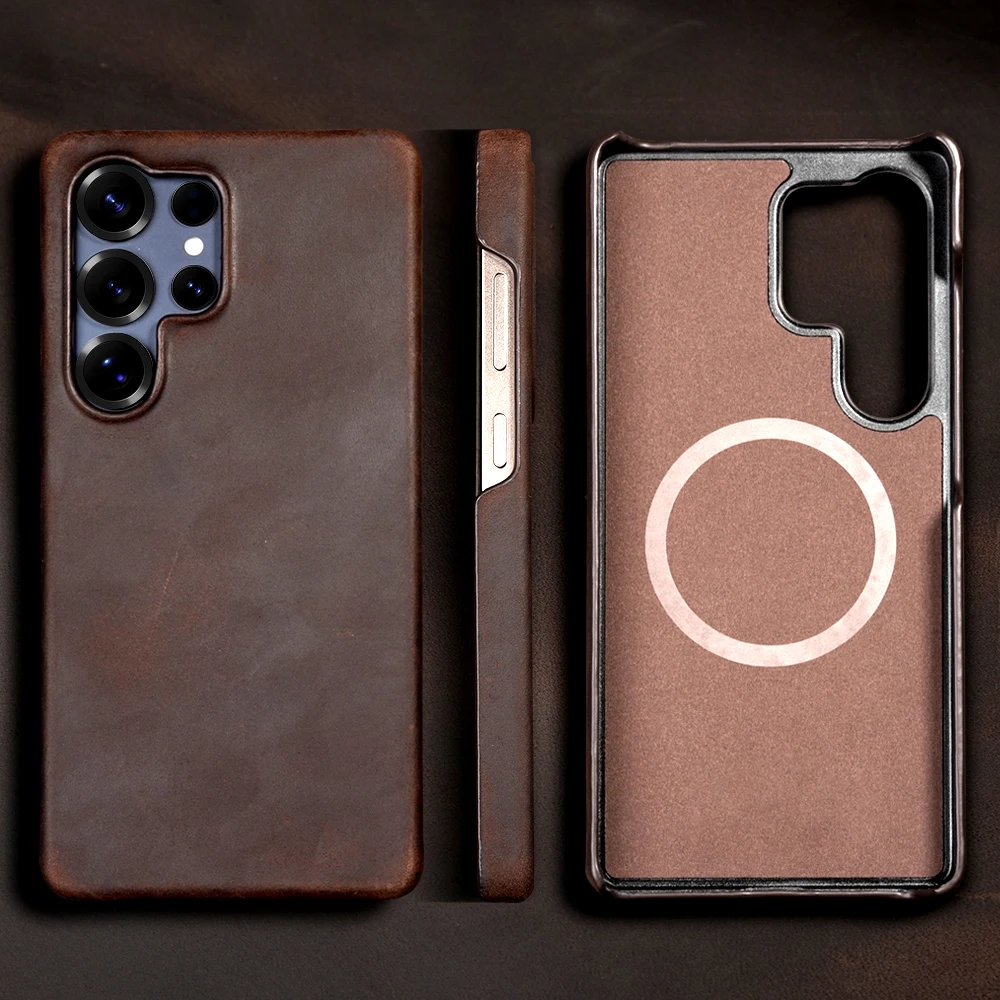 

Retro for Magsafe Case for Samsung Galaxy S26 S24 S25 Ultra Plus S26+ Luxury Genuine PULL-UP Leather Magnetic Phone Back Cover