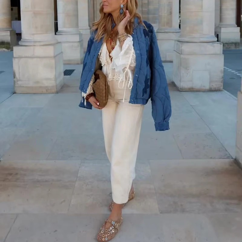 Trend Spring Autumn Jackets Embroidery Cotton Coat Stand-up Collar Single-breasted Long Sleeves Short Tops Lightweight Outerwear