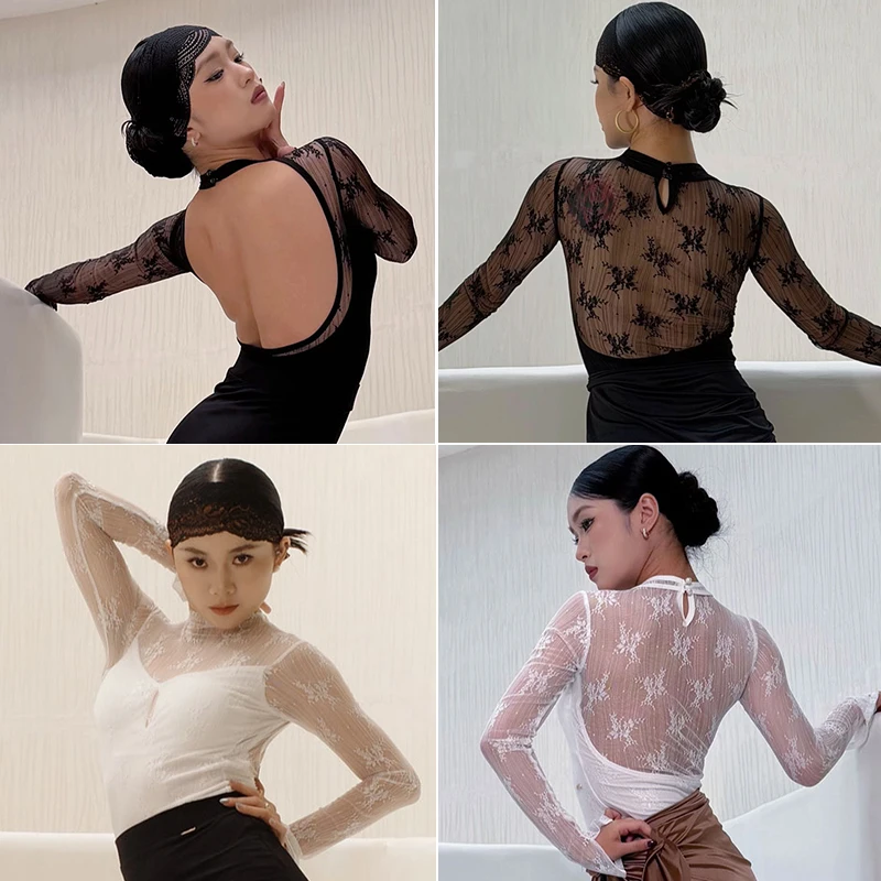 

2025 New Latin Dance Clothes Women Practice Wear Black Dance Lace Top Cha Cha Rumba Dancing Outfit Sexy Open Back Tops VBH2326