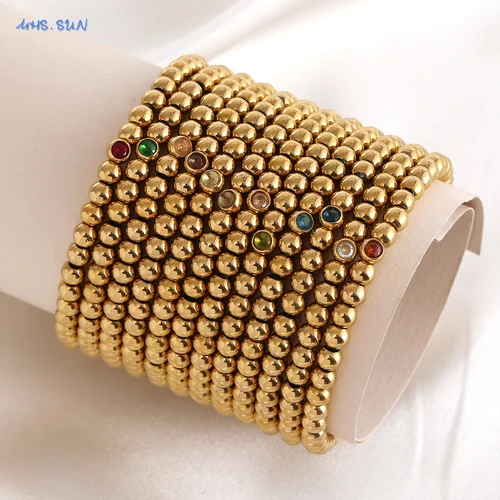 스테인리스 스틸 구슬 상감 유리 탄생석 팔찌, 18K 금도금 부드러운 금속 공 팔찌, 남녀공용 보석 선물, 5mm 