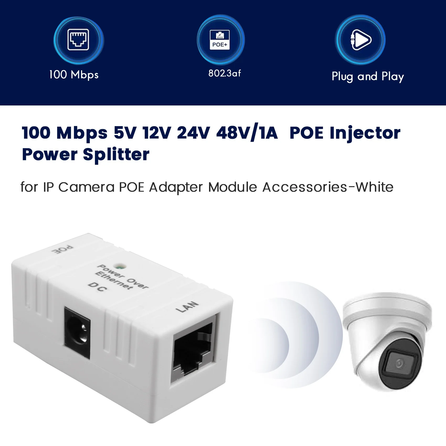 AT42 100 Mbps 5V 12V 24V 48V/1A BJW POE Injector Power Splitter for IP Camera POE Adapter Module Accessories-White