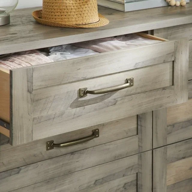 Modern Farmhouse Spacious 6 - Drawer Wood Horizontal Dresser, Antique Brass Finish Metal Hardware,Rustic White/ Gray Finish