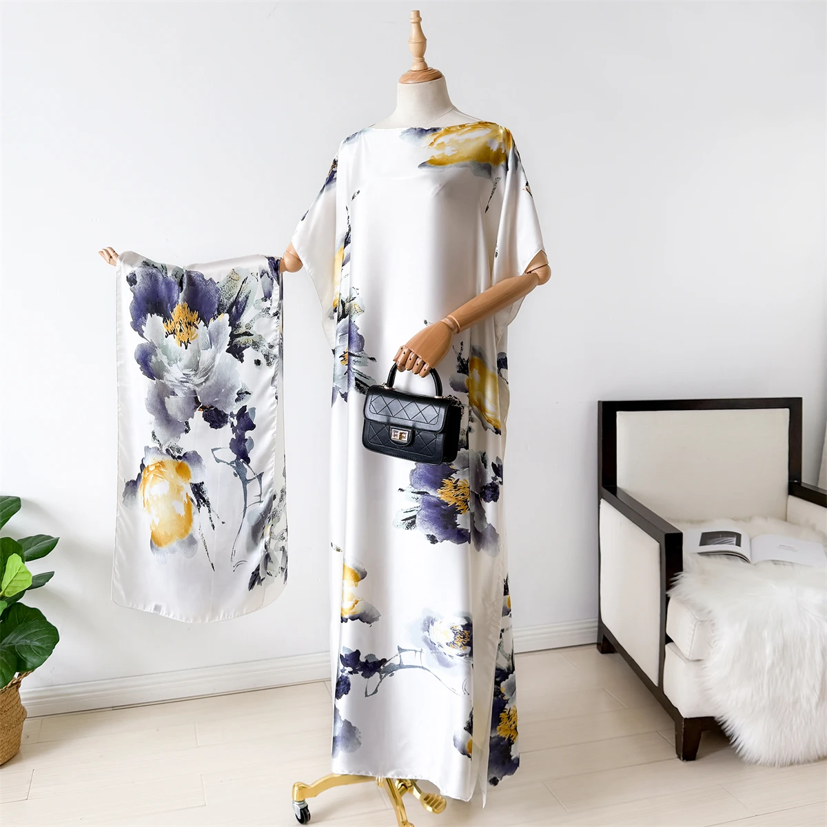 فستان صيفي أنيق جديد مع وشاح كبير دبي تركيا قفطان مسلم فضفاض عباية المرأة الأفريقية عادية ماكسي الطاووس شال رداء