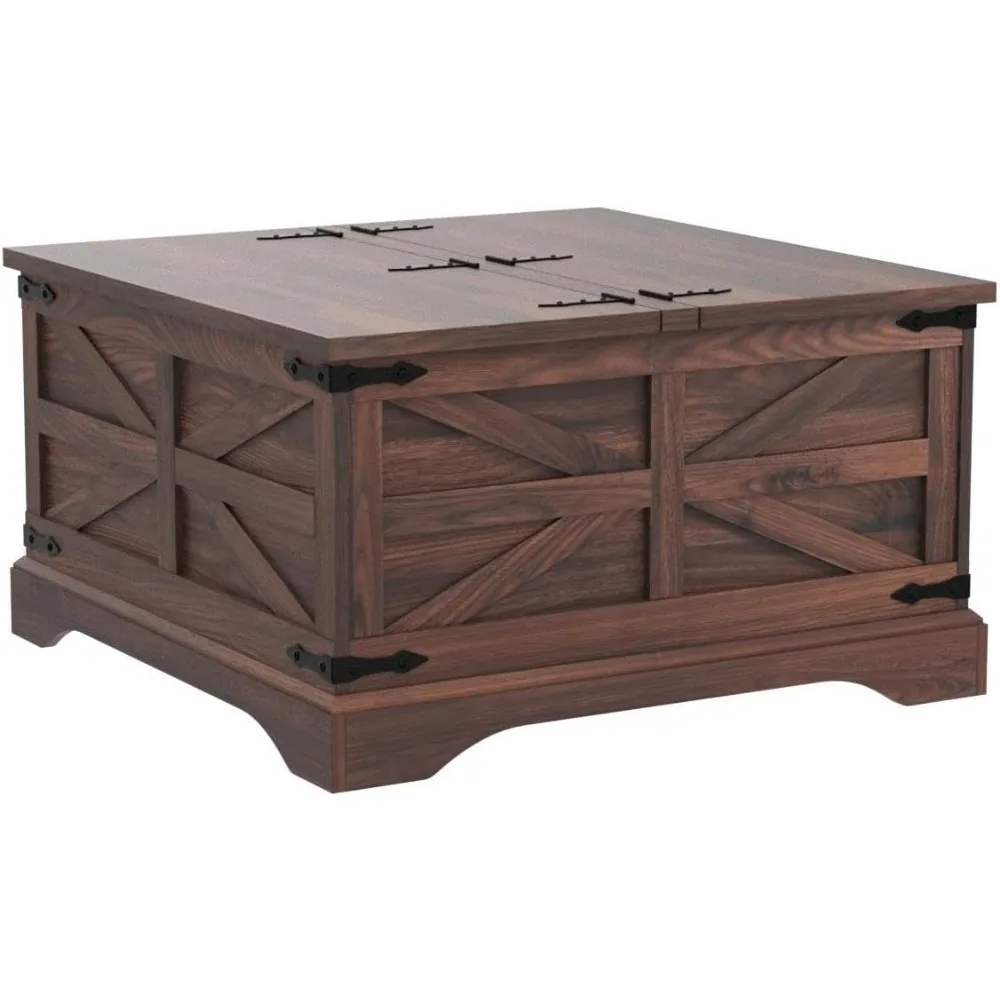 Farmhouse Coffee Table, Square Wood Center Table with Large Hidden Storage Compartment for Living Room