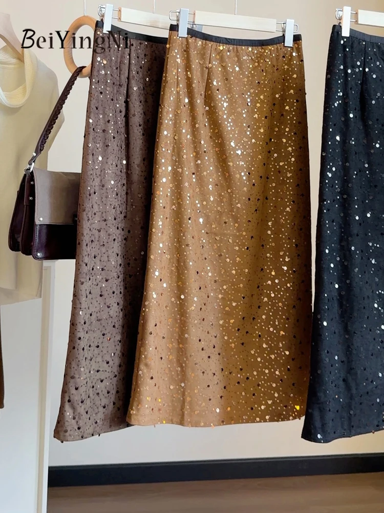 Beiyingni Stylish Senior Classy Female Straight Skirts 2026 Autumn Winter Casual Sequined Midi Skirt Women's Split A-line Faldas