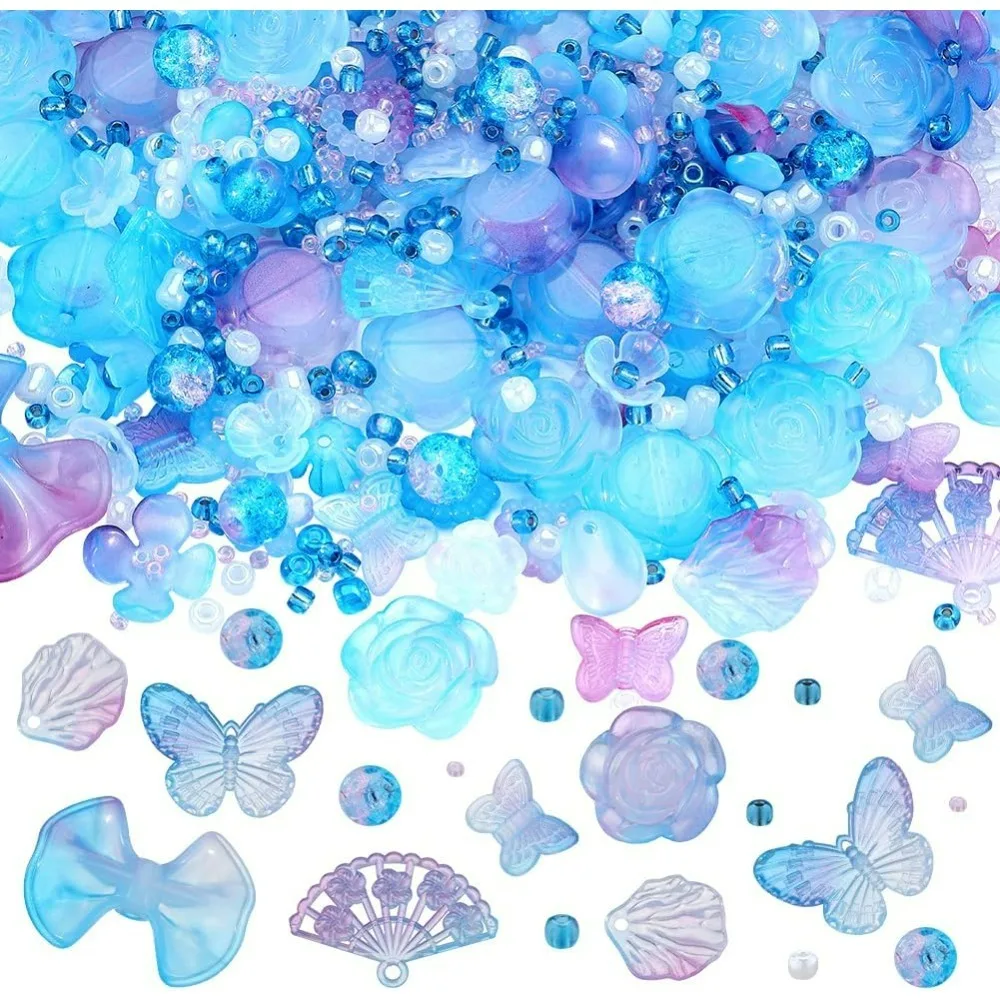 

1 Box about 200G Cute Acrylic Bead Kit Aesthetic Bead Kit 4mm 8mm Round Kawaii White Blue Color Loose Rose Flower Leaves