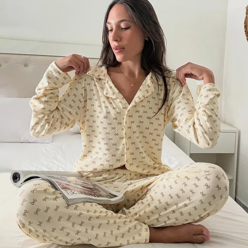 HiLoc Yellow Bow Print Knit Elastic Ladies Pajamas 2 Piece Long Sleeve Lapel Single-Breasted Top Elastic Waist Full Length Pants