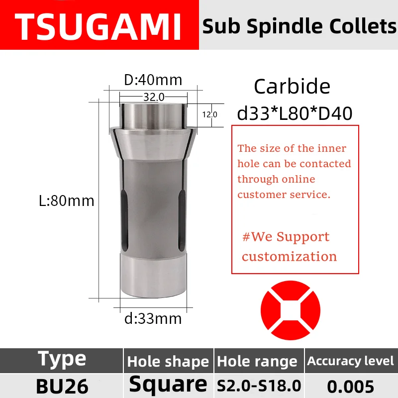 Square Hole BU26 BS26 Tsugami Headstok Collet Swiss type automatic lathe chuck high precision Tungsten carbide Guide bush