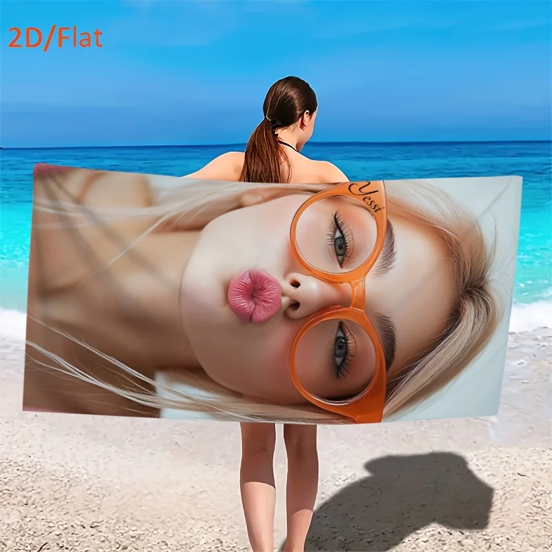 2D Flat Orange Cat Eye Glasses Beach Towel, Summer Vibes Theme, Quick-Drying Absorbent Rectangular Towel for Outdoor Travel