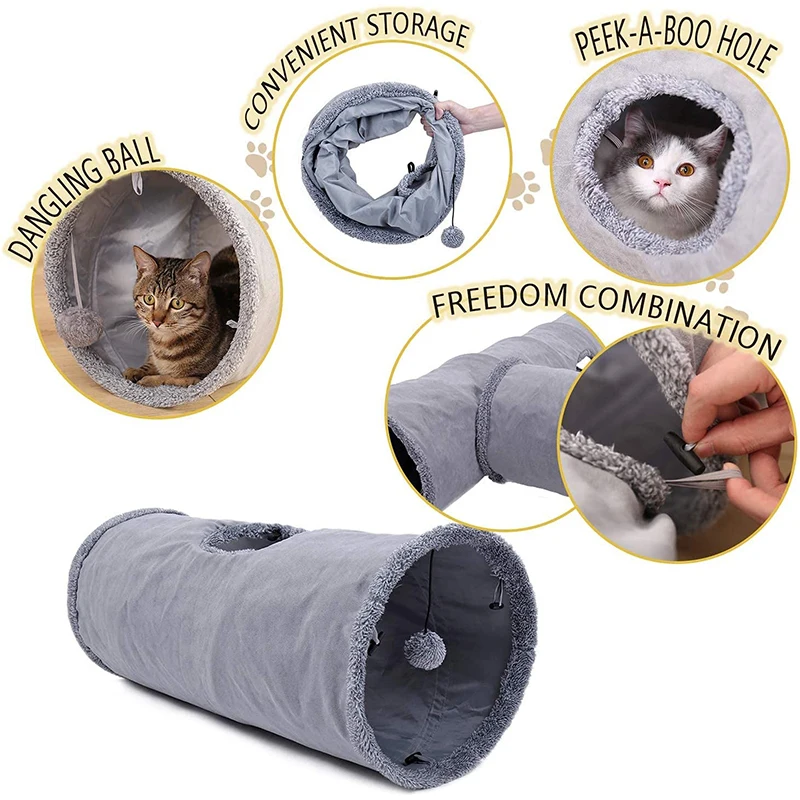 Collapsible Cat Tunnel Kitten Play Tube for Large Cats Dogs Bunnies with Ball Fun Cat Toys 2 Suede Peep Hole Pet Toys with Ball