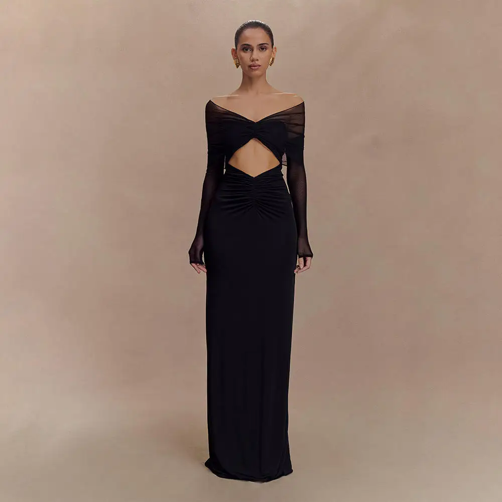 Hoge taille uitgehold Me Dr Slim Fit Long Sve Faionable Splicing Design Sexy jurk voor dames zomer vrijetijdskleding