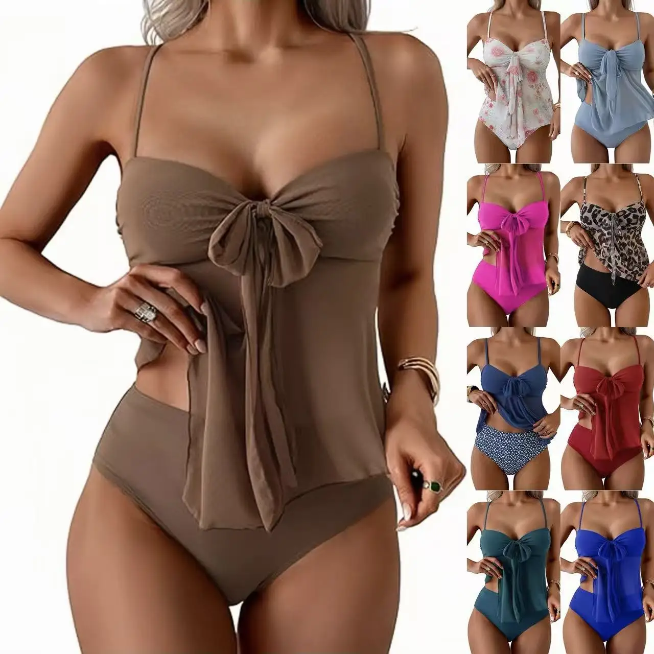 Women Tankini Swimsuits 2026 Tummy Control Swimwear Flowy Mesh Tops High Waisted Bikini Set Sexy 2 Piece Bathing Suits Beachwear