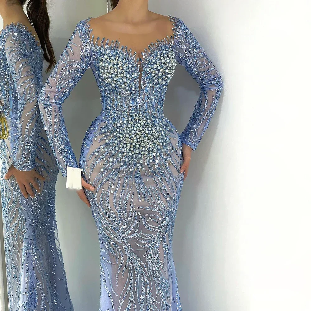 Serene Hill 2025 Blue Elegant Mermaid Dubai Arabia Luxury Beaded Pearls Evening Dresses Gowns Wedding Party GLA72264 Customized