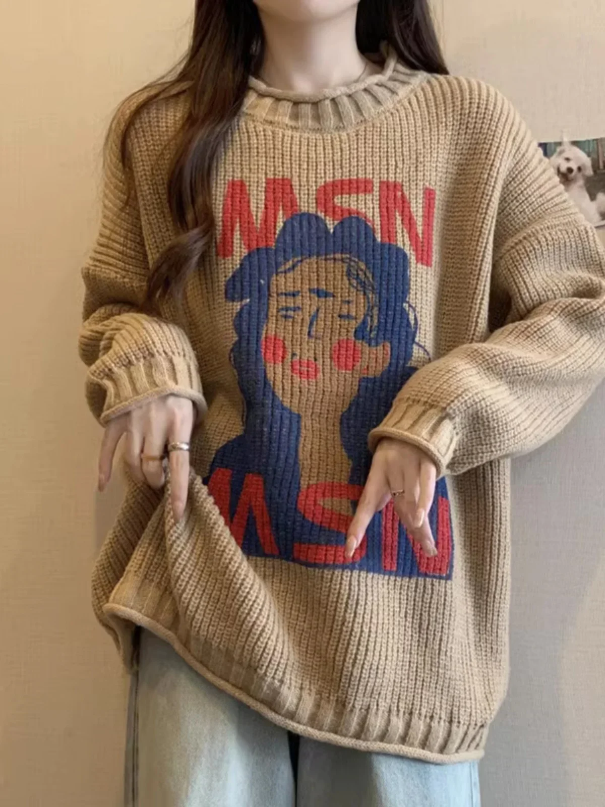 Women Blue Pullover Knitted Sweater Harajuku Aesthetic Y2k Large Size Long Sleeves Sweaters Fashion Vintage 2000s Clothes 2024