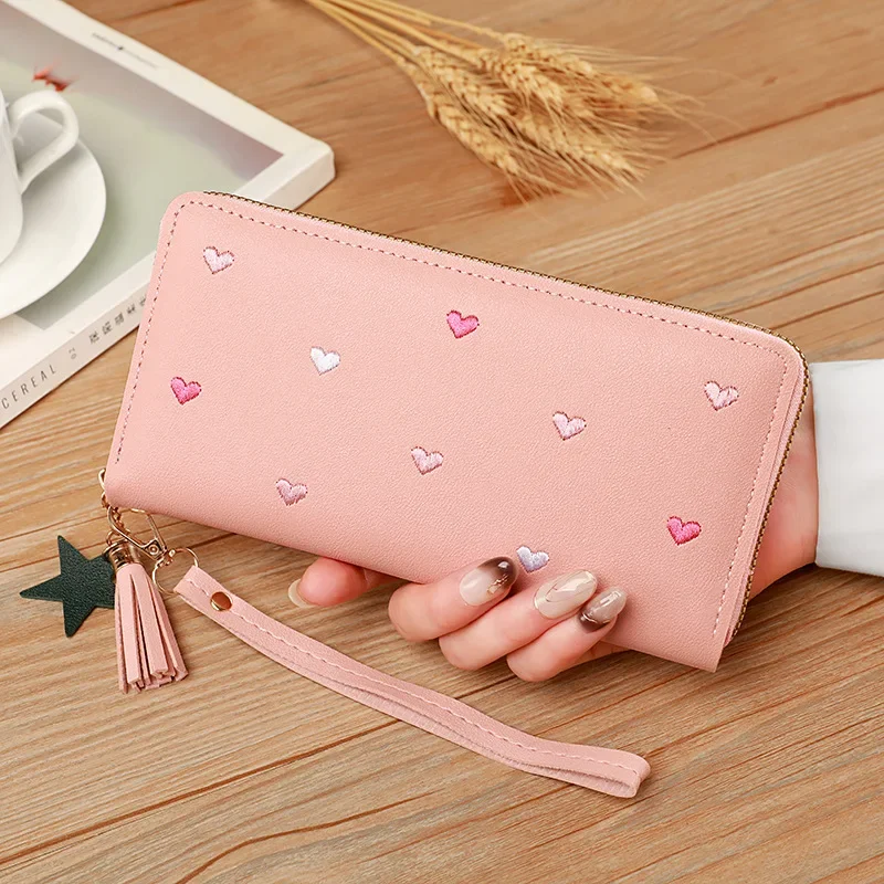 Simple Korean Women's Long Wallet PU Leather Love Heart Large Capacity Wallet Sweet Fold Clutch Bag Students