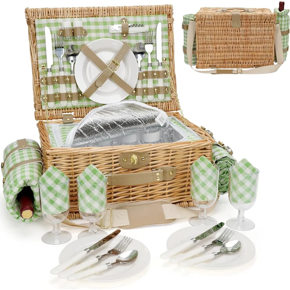 

Picnic Basket for 4, Insulated Willow Picnic Baskets with Shoulder Strap