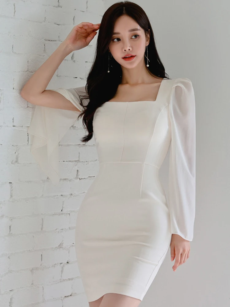 Office Lady Pencil Dress Spring Square Collar Chiffon Open Sleeves High Waist Line Tight Fitting Elegant Party Mini Dress Women