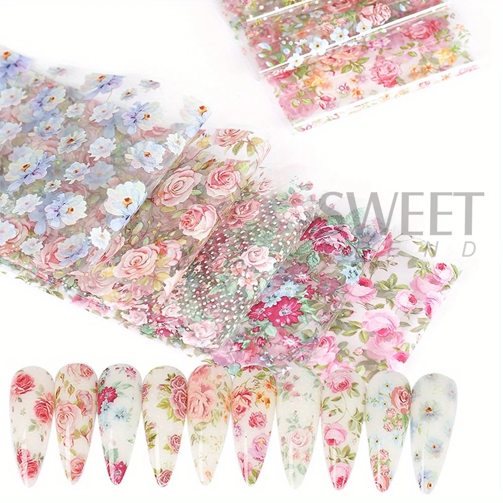 10PCS Mixed Nail art Folien Transfer Aufkleber Set Rose Blume Designs Floral Starry Sky Nail Wraps Hochzeit Sommer maniküre Dekor