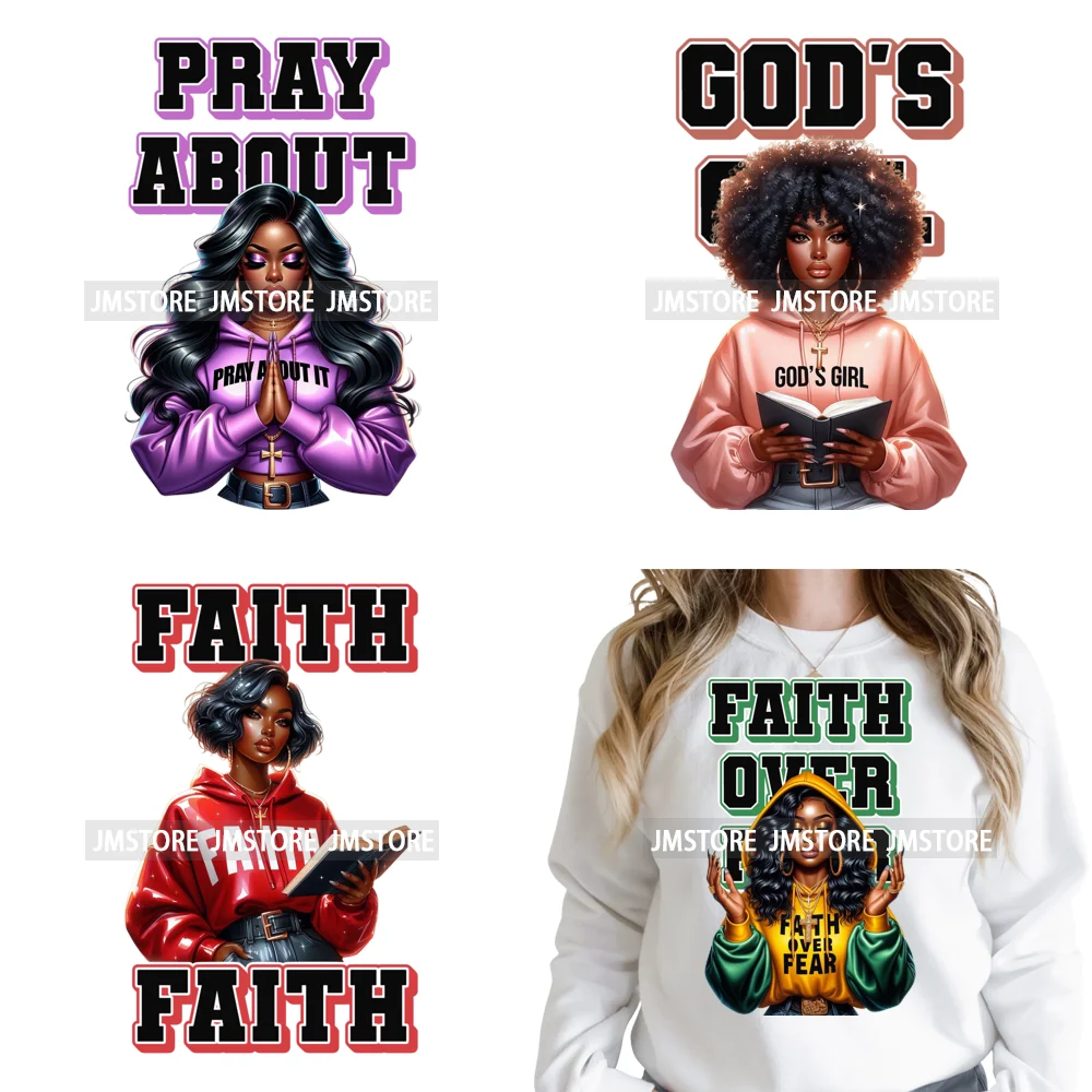 Fashion God Pray Love Christian Bible Verse Afro Women Iron on Washable DTF Heat Transfer Sticker Ready to Press for Sweatshirts