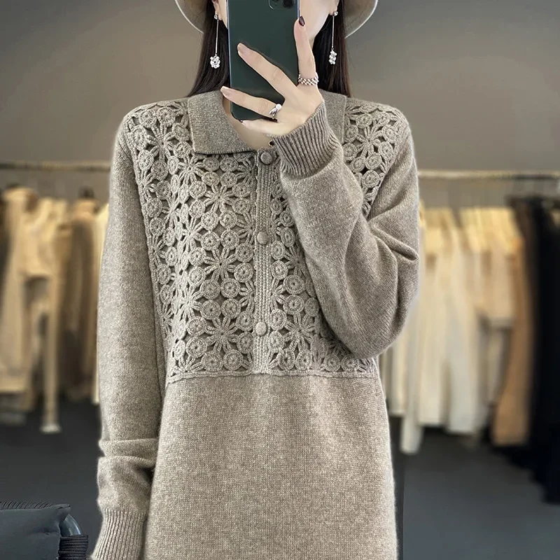 Women\'s Long Knee-Length Polo Neck Cashmere Sweater Dress Embroidered Knit Loose Slim Fit for Autumn And Winter