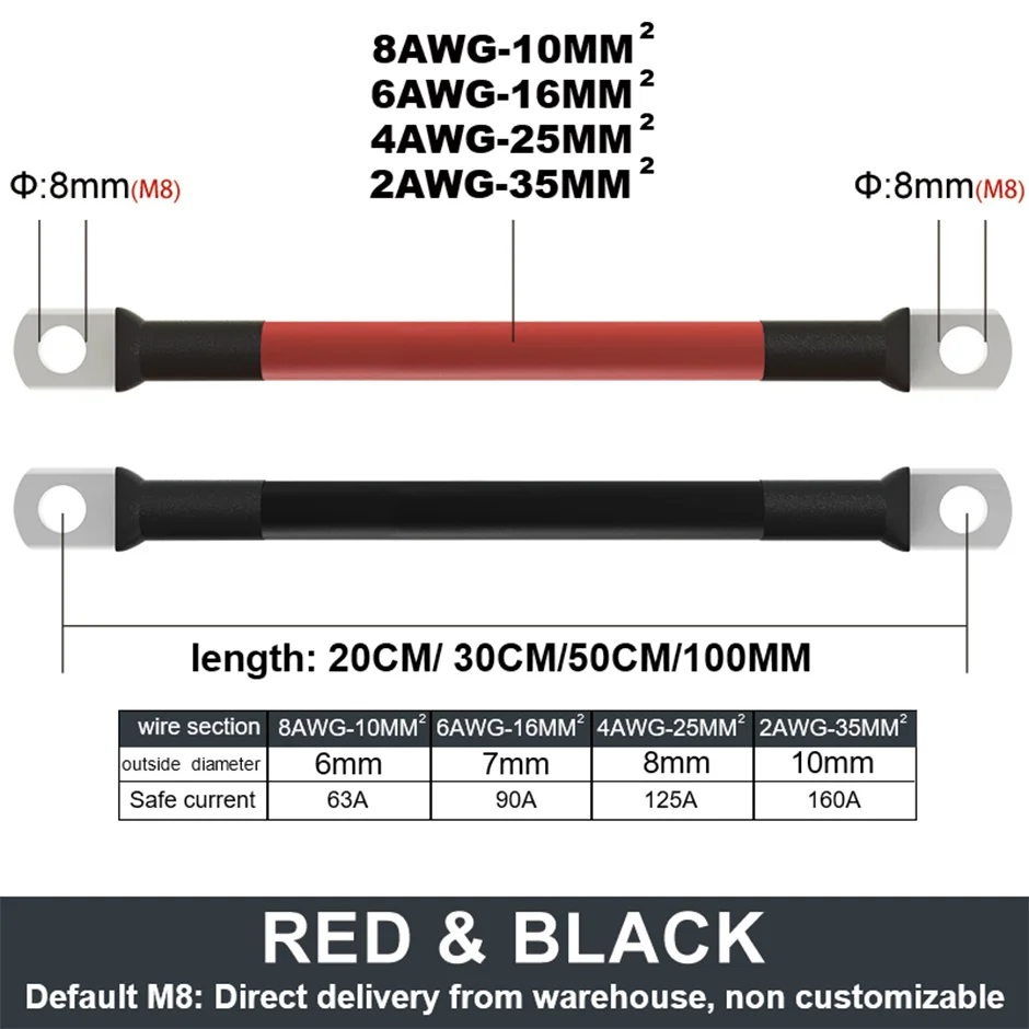 Battery Inverter Connection Cable M8 Terminals 12V 24V 48V 72V 500V 600V RV Copper Wire Cable 8/6/4 AWGCar Battery UPS