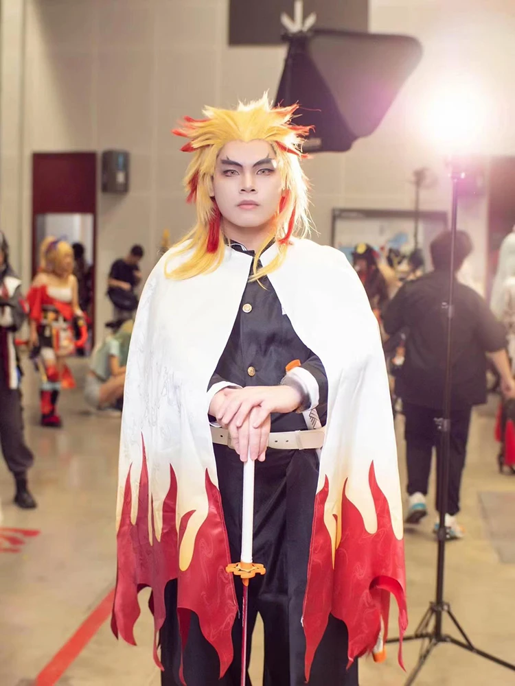 Anime Demon Slayers Rengoku Kyoujurou Cosplay Costume Adult Kids Wig Kimono Uniform Carnival Party Kimetsu No Yaiba Robe Suits