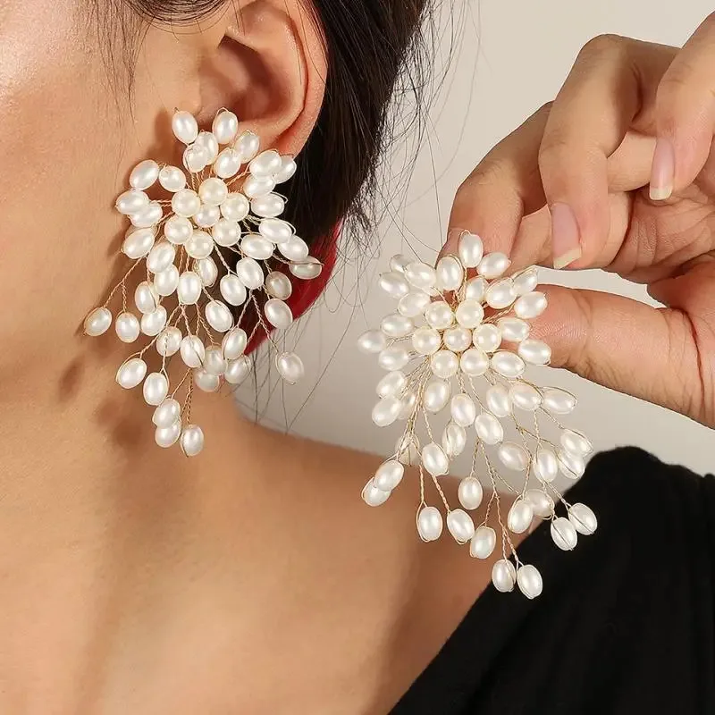 

YISON Trendy Imitation Pearls Flower Earrings for Women Luxury Handmade Beading Tassels Long Earring Bridal Wedding Jewelry