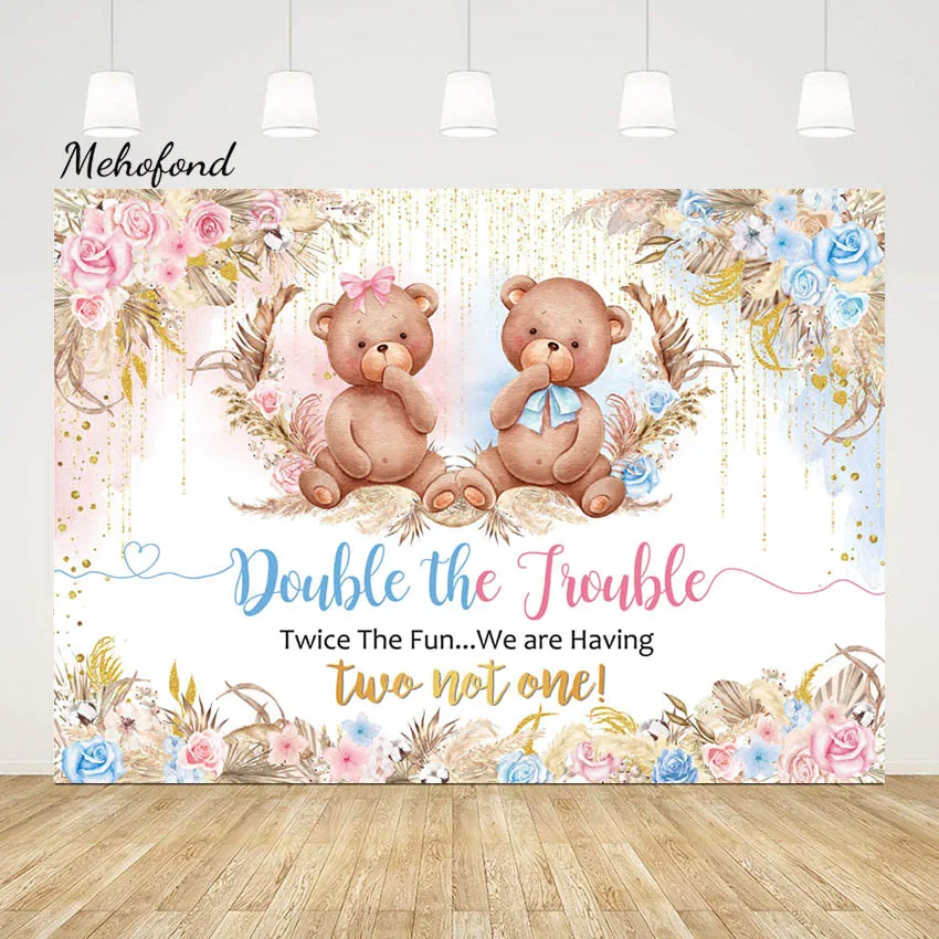 

Mehofond Newborn Gender Reveal Background Twin Babies Boy or Girl Birthday Party Blue Pink Bow Photography Backdrop Photo Studio