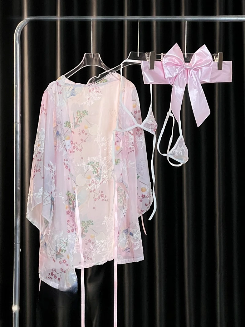 

Japanese Kimono-Style Mesh Robe for Women–Elegant Floral Pattern with Soft Satin Touch,Romantic Sheer Home Nightwear for Cozy