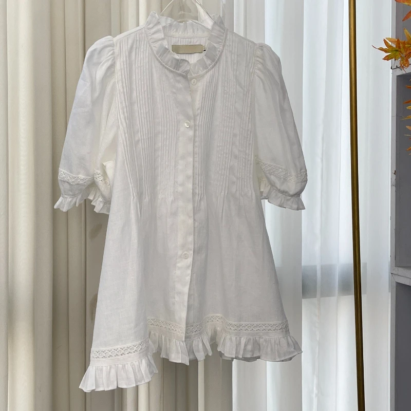 

Vintage White Ruffle Collar Puff Sleeve Lace Trim Button Front Peplum Hem Casual Top Blouses