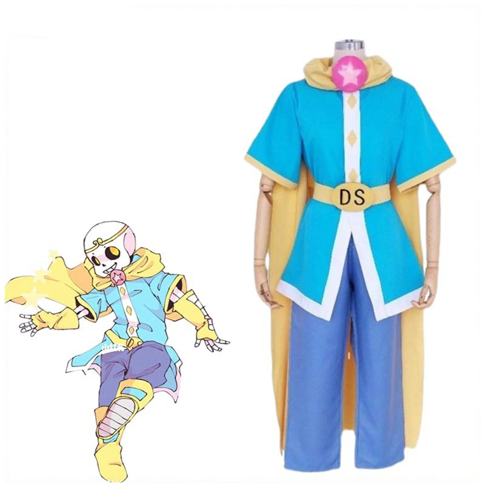 

Anime Game Undertale Dream Sans Cosplay Costume for Men Adult Blue Coat Pants Yellow Cloak Halloween Party Outfits with Gloves