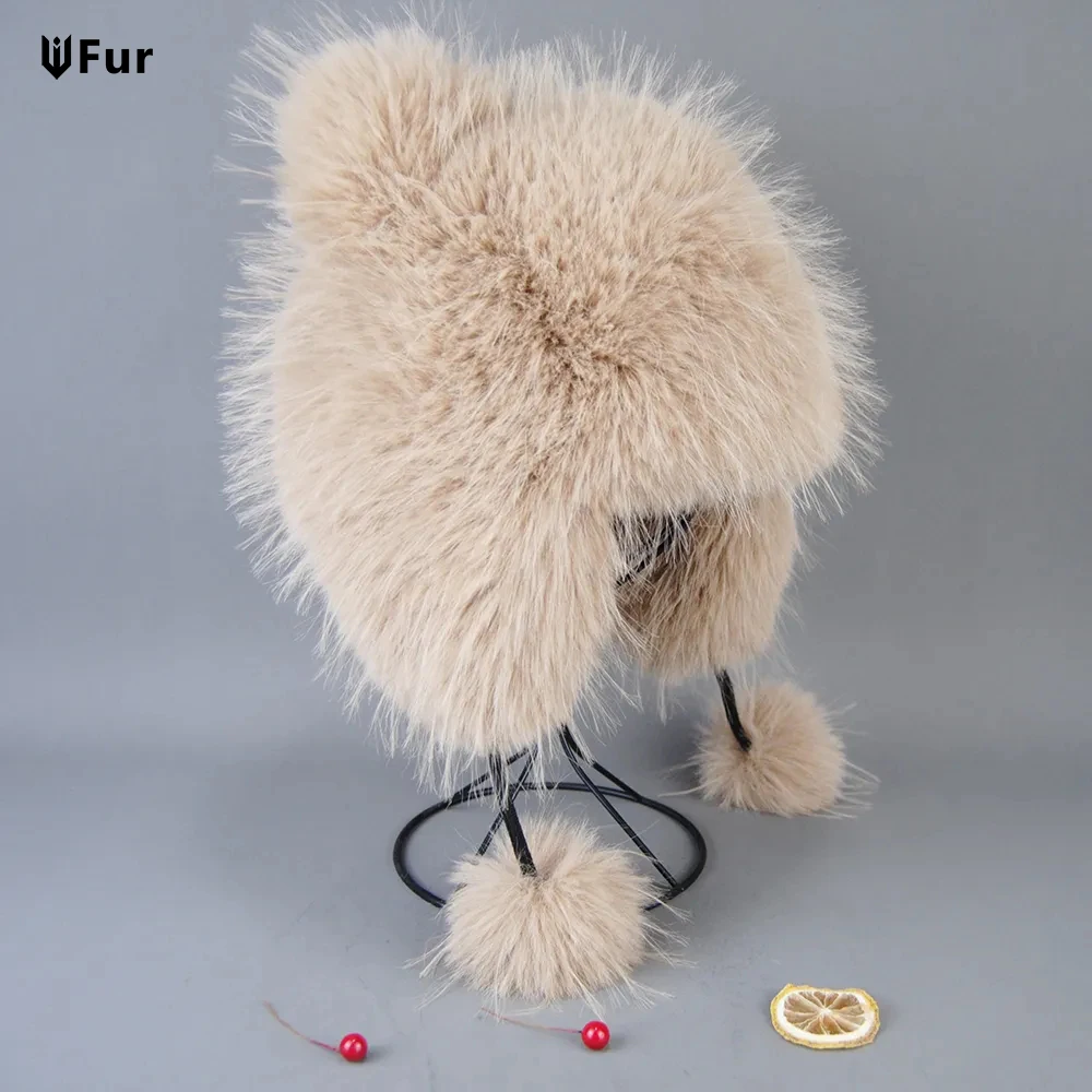 

False Raccoon Fur Hats for Woman Winter Octopus Bomber Fluffy Soviet Hat Earflap Knitted Ball Fashionable Flap Cap Mongolian Hat