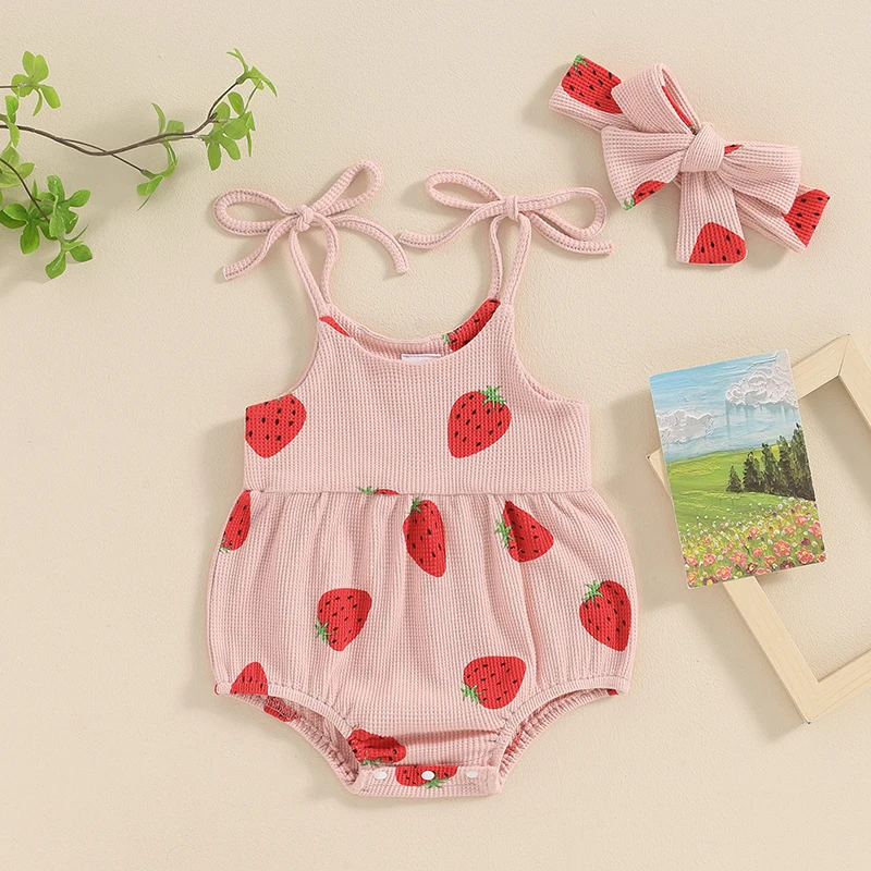 Romper tanpa lengan bayi perempuan, Jumpsuit musim panas imut motif stroberi untuk bayi perempuan