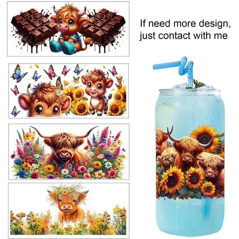 Popular Style Cute Funny Highland cattle Sticker Party DIY Decals 3D transfers uvdtf tumbler seal stickers 16oz uv dtf cup wraps
